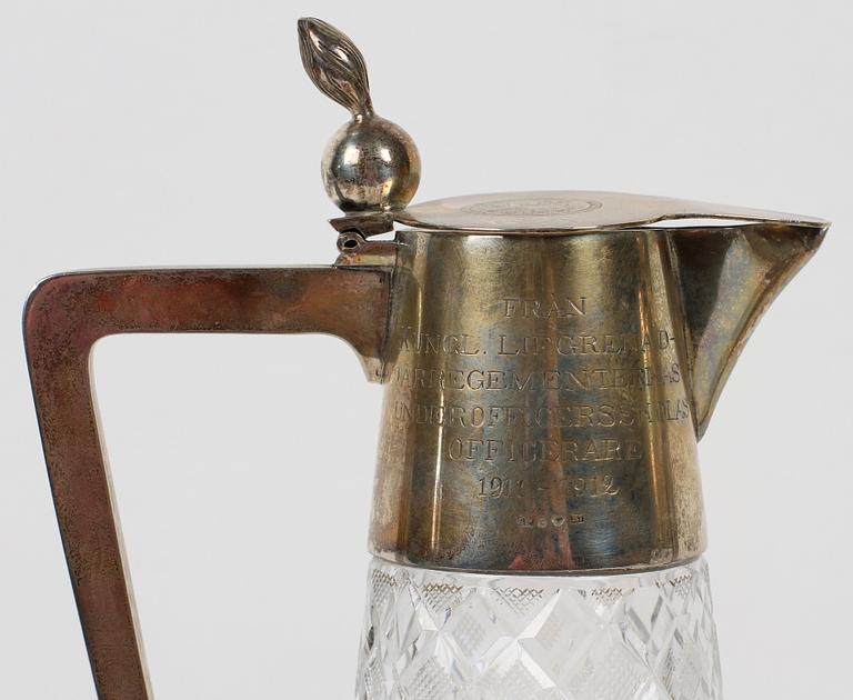 VINKANNOR, ett par, glas, silver, Samuel Pettersson, Linköping 1912.