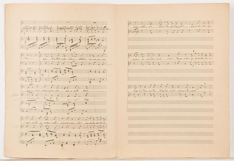 Oskar Merikanto, käsinkirjoitettu nuottilehti, "Oi, kiitos luojani armollinen", op. 62, nro 2 duettoja, 3 sivua, 1906.