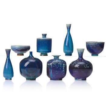 82. Berndt Friberg, a set of six stoneware miniature vases and two bowls, Gustavsberg studio, Sweden 1960-70's.