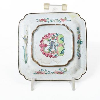 A set of six Chinese enamel on copper bowls and a dish, Qing dynasty and 20th century.