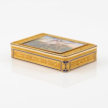 A probably Swiss 19th century two colour gold snuff box with enamel, unidentified maker's mark.