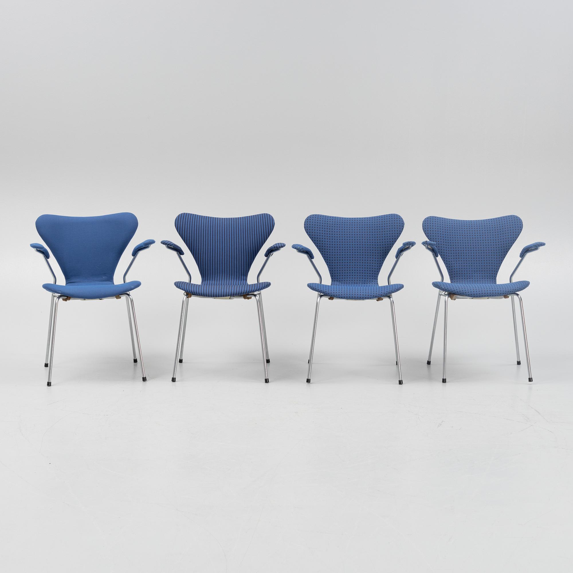Arne Jacobsen, four 'Seven' armchairs, Fritz Hansen, Denmark.