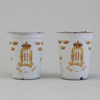 A pair memorial enamel cup in memory of Kin Oscar II's 25 years on the trone, 1872-1897, produced by Kockums.