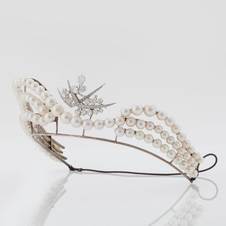 A TIARA with cultured pearls and a detachable brooch set with old-cut diamonds.