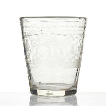 An engraved glass goblet, 18th century.