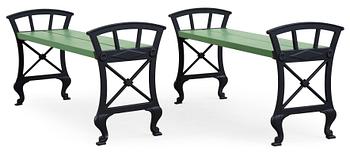 602. A pair of Folke Bensow cast iron park benches, Näfveqvarn.
