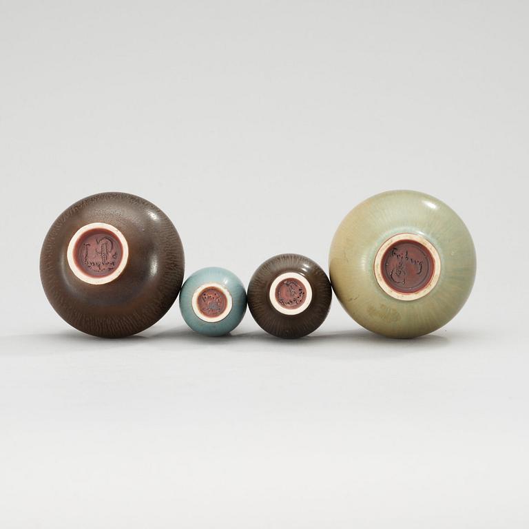 A set of four Berndt Friberg stoneware vases, Gustavsberg Studio, one dated 1974.