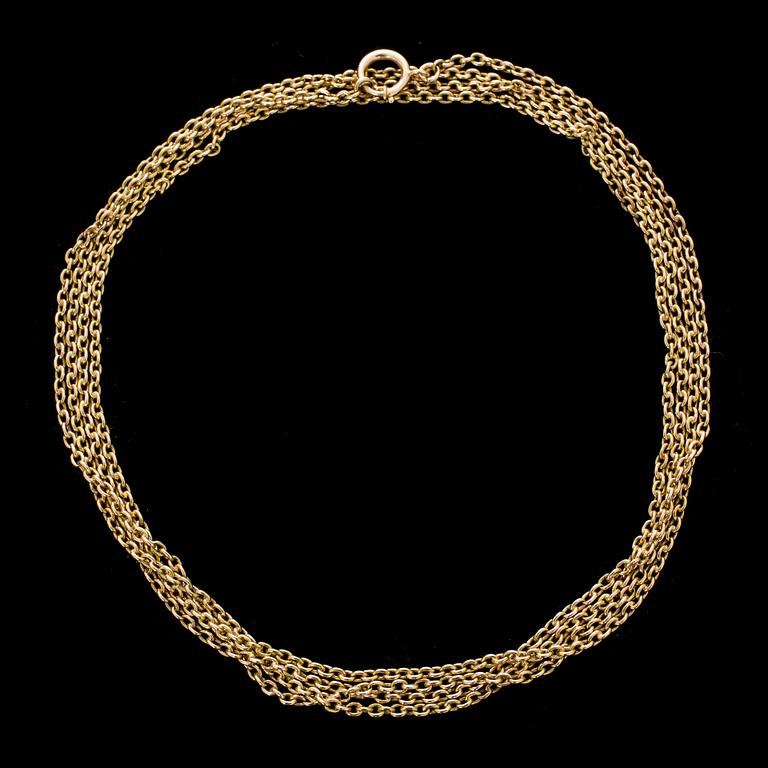 KLOCKKEDJA, 14 k guld. 1900-talets första hälft. Vikt ca 45 gram.