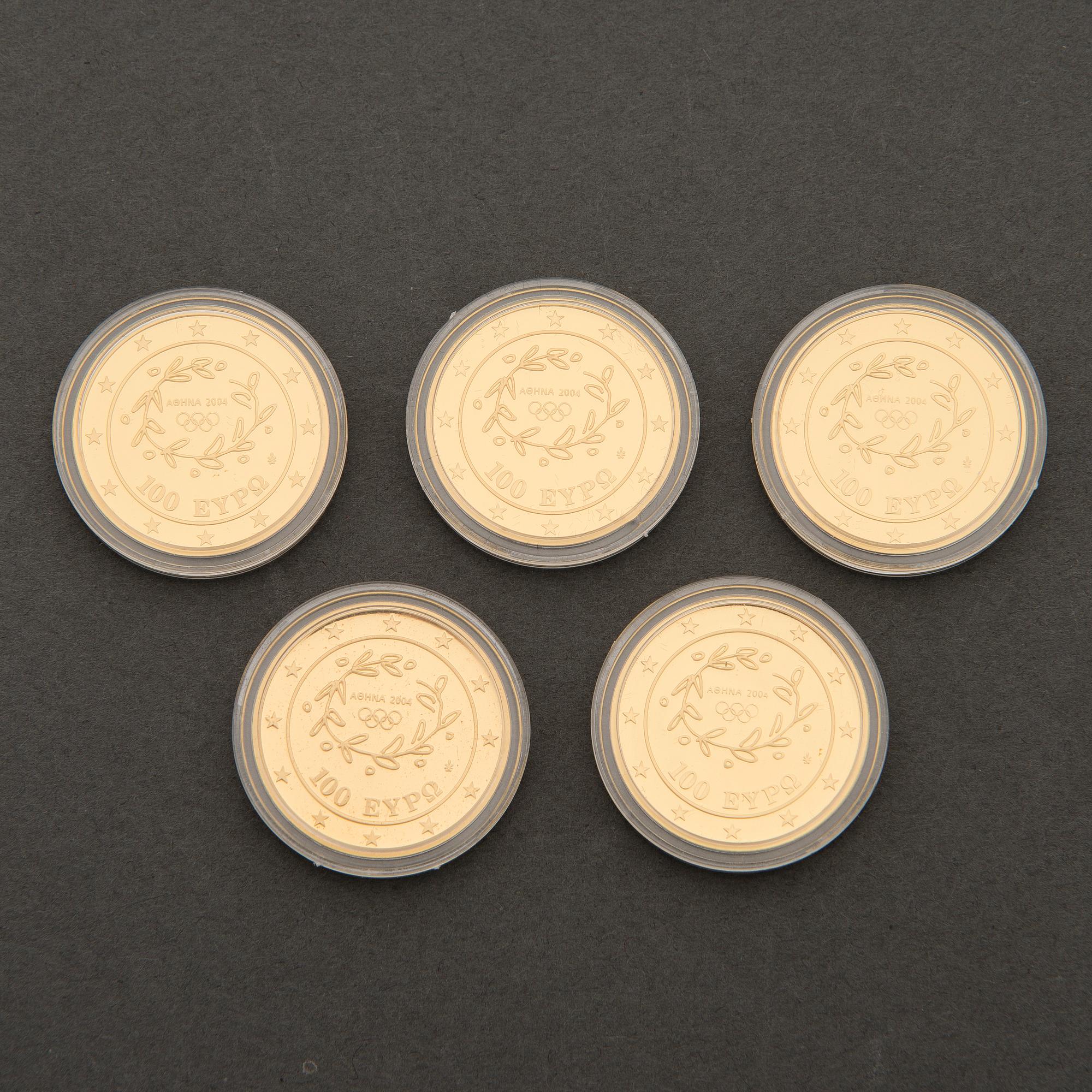 Five Athens 2004 Olympic games commemorative gold coins.