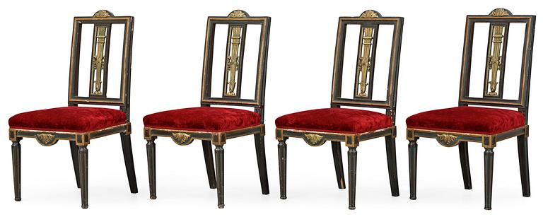 A set of four late Gustavian late 18th Century chairs, design Carl Wilhelm Carlberg.