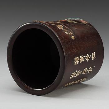 A Chinese wooden and inlayed brush pot, 20th Century.