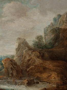 Frans de Momper, circle of, Mountainous river landscape with hunters.