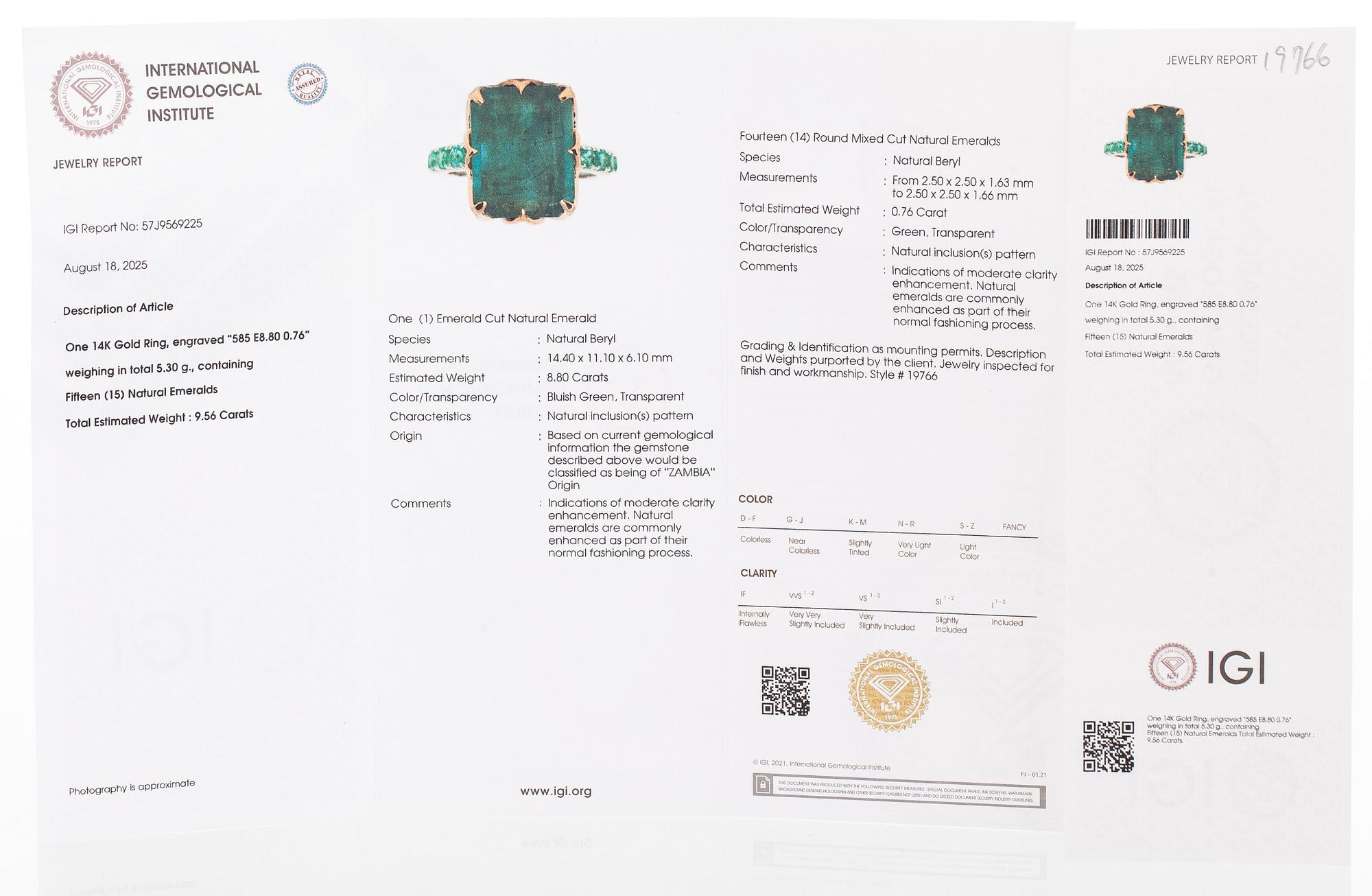 A 14K gold ring with emeralds. IGI certificate.