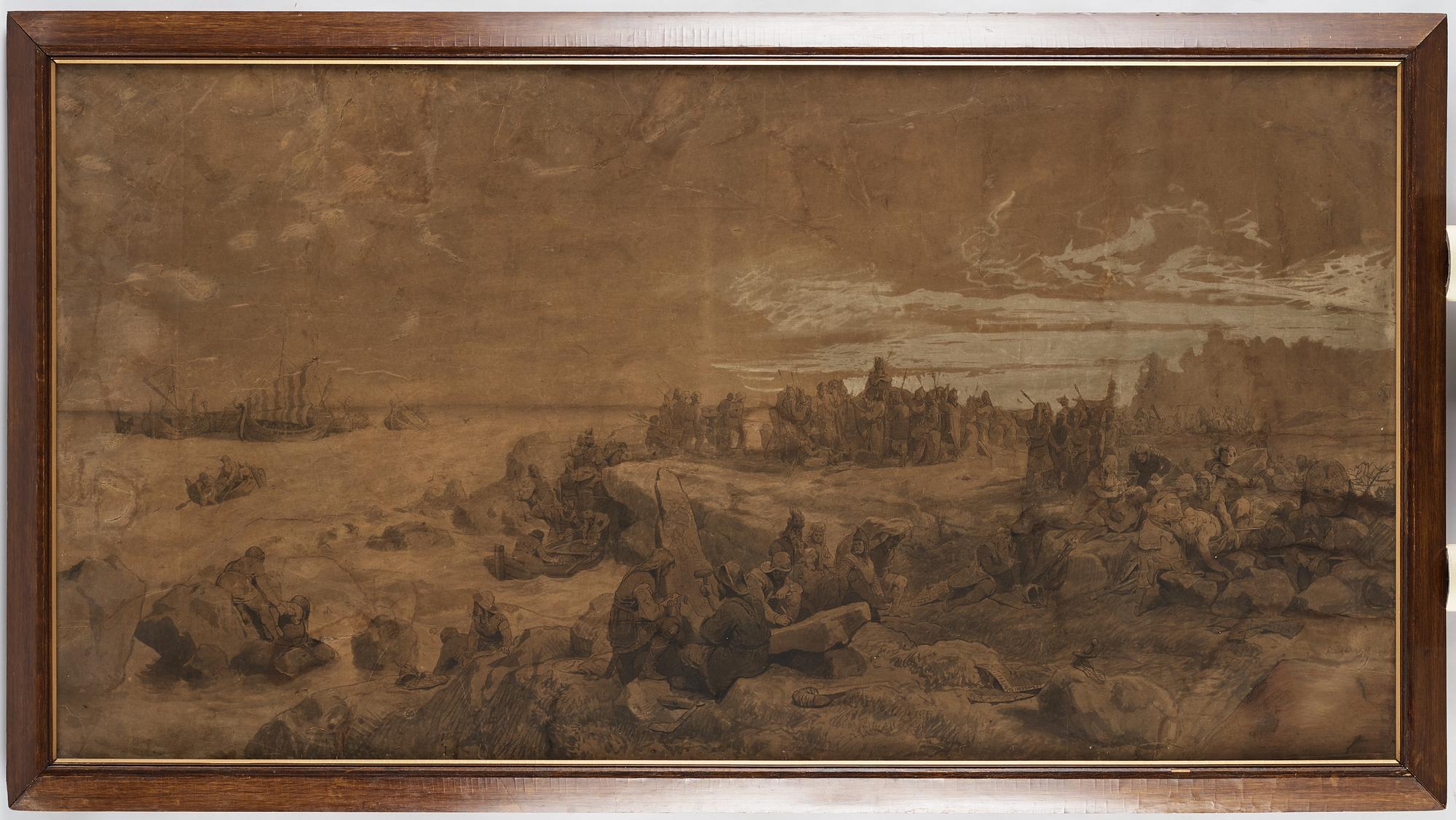 August Malmström och Hans Gude, tuschlavyr på brunt papper förhöjd med vit gouache, signerad Hans Gude och A. Malmström.