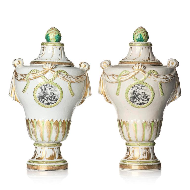 A pair of rare neo-classical enamelled 'Chinese Export' vases with covers, Qing dynasty, Qianlong, circa 1790.