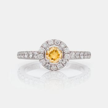 657. A fancy yellow brilliant-cut diamond, circa 0.36 ct, ring. Pavé-set colourless brilliant-cut diamonds.