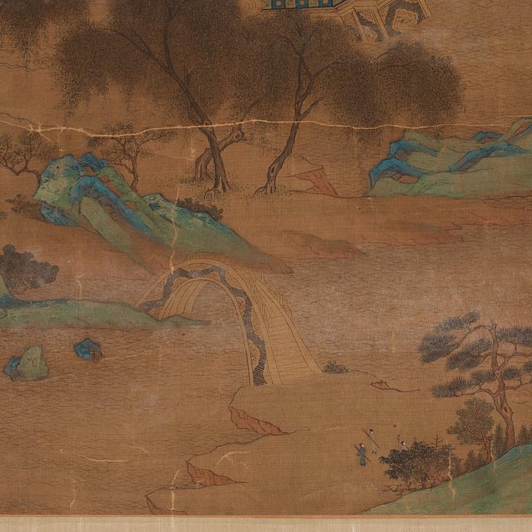 A Chinese scroll painting, ink and colour on paper, Qing dynasty after Wen Zhenming.