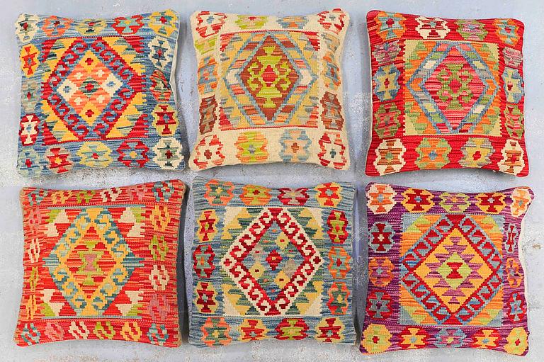 Six Kilim cushions, ca 50 x 50 cm.