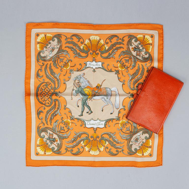 Hermès, scarf and leather cover.