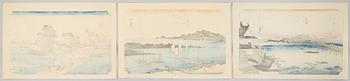 Ando Utagawa Hiroshige, after, three prints from "The Fifty-Three Stations of the Tōkaidō".