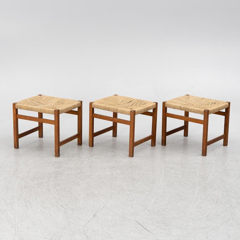 Three oak stools with laced seats, second half of the 20th century.