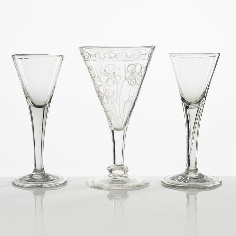 A set of three Swedish wine glasses, 18th/19th century.