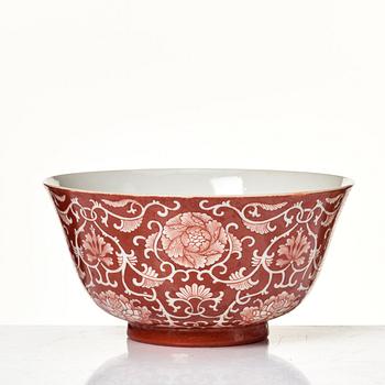 A coral red reverse decorated floral bowl, seal mark of Daoguang, Republic, 20th Century.