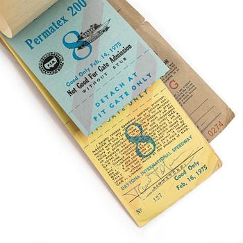 Balaclava/fire hood and access pass for the IROC races at Daytona in February 1975.
