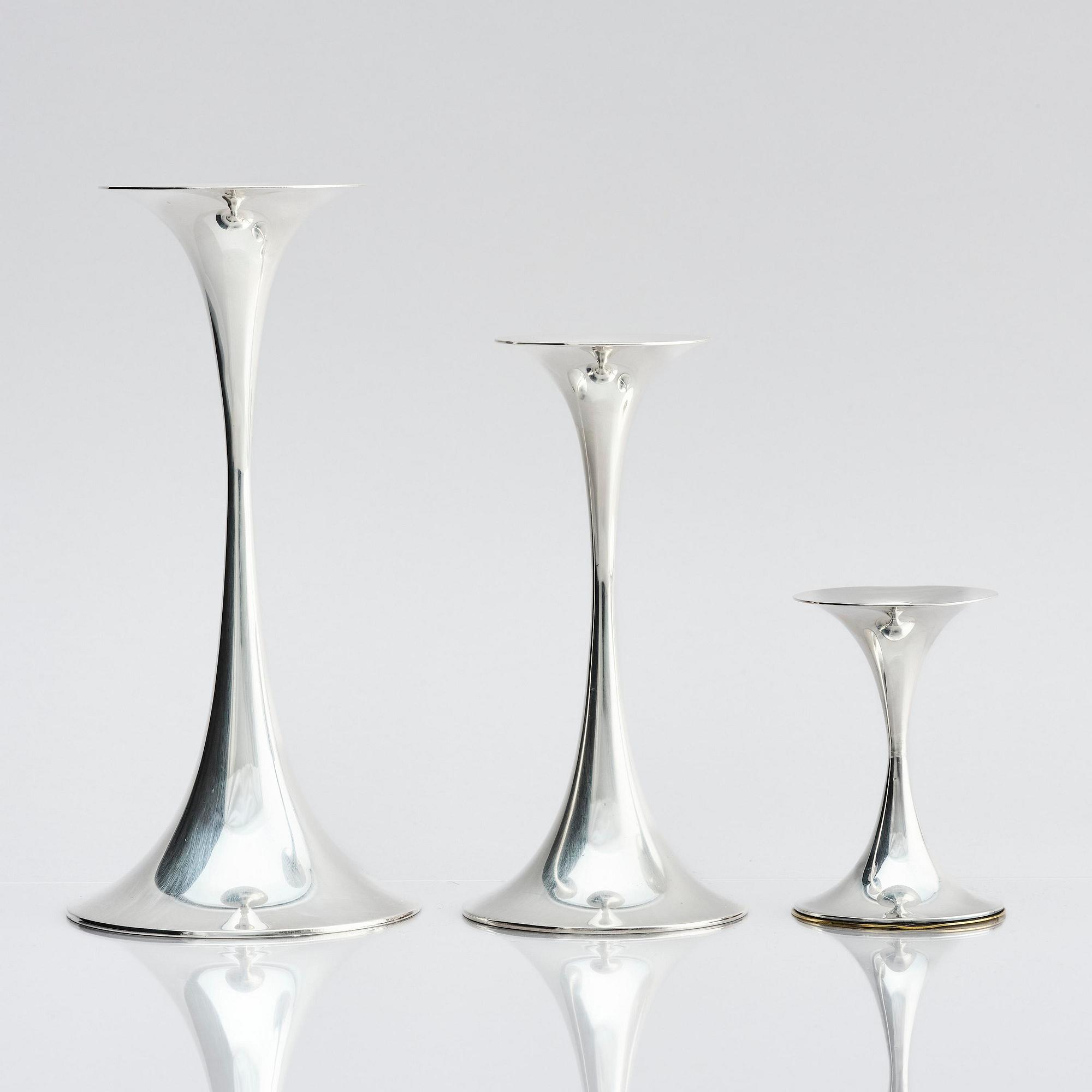 Tapio Wirkkala, three sterling silver 'Trumpetti' candlesticks, Kultakeskus, Hämeenlinna 1973.