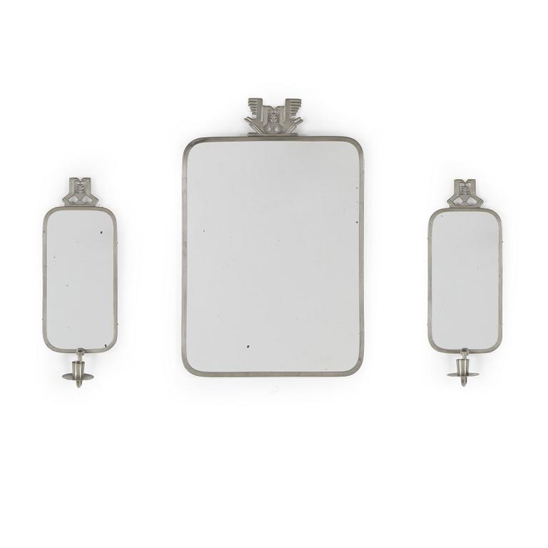 SPEGEL samt SPEGELLAMPETTER, 3 delar, tenn, Art Deco, 1930-tal.