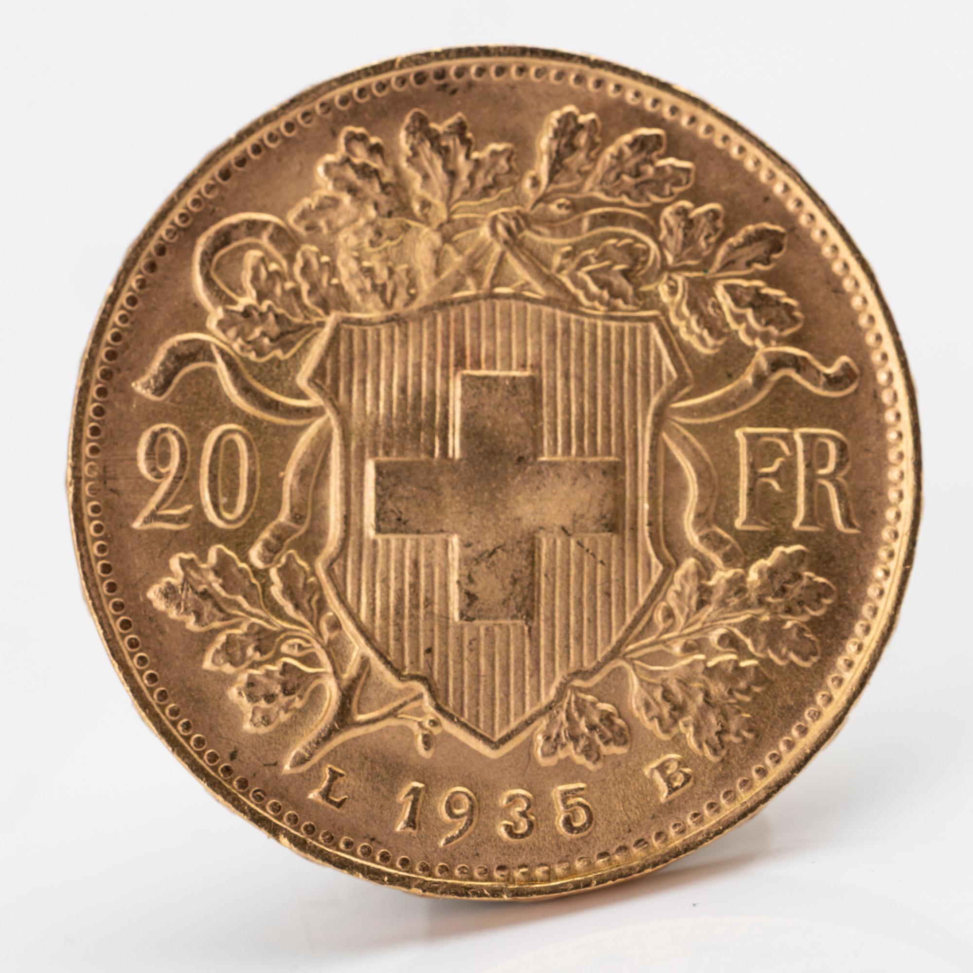 Gold coin, 21.6K, Helvetia 20 Francs, Switzerland, 1935.