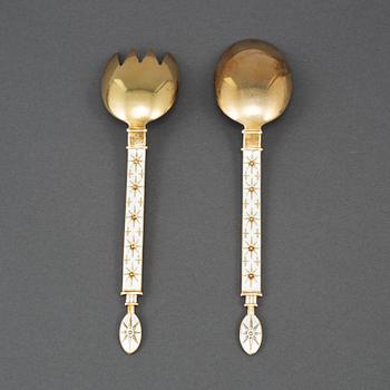 A pair of gilt and enamel silver cutlery, J Tostrup Oslo 1930s.