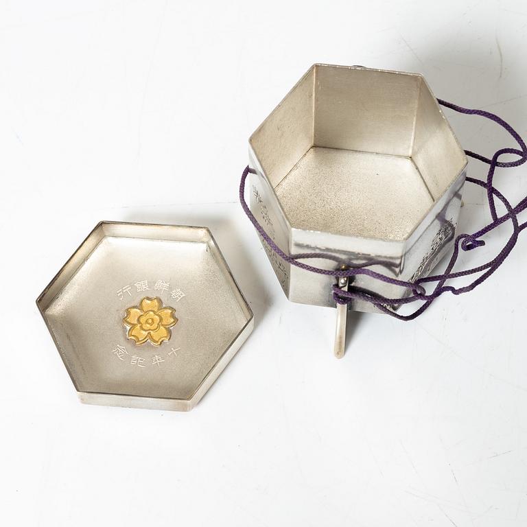 A group of six Japanese salts / boxes, some marked sterling silver, around 1900.