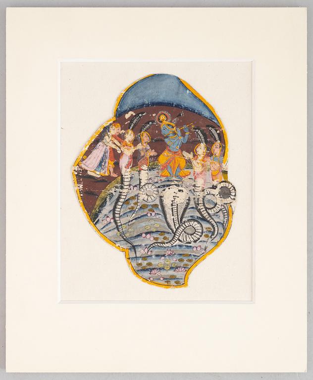 Unidentified artist, Flute-playing deity with snakes and figures, India, 19th/20th century.