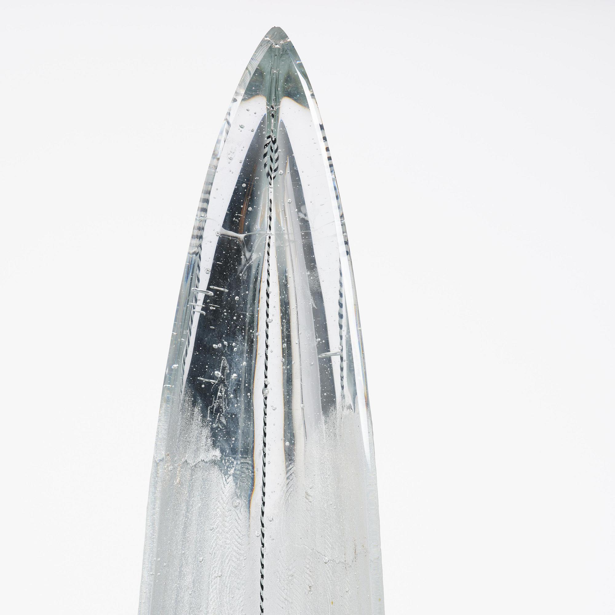 Bertil Vallien, a sand cast glass sculpture of a standing half-boat, Kosta Boda, Sweden.