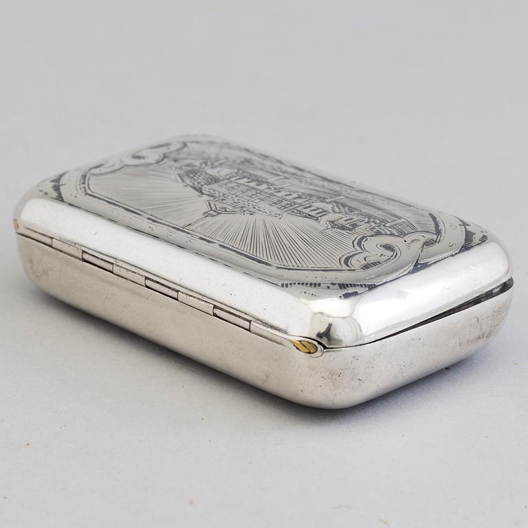 A Russian silver and niello tobacco cheroot box, unidentified maker's mark, Moscow, 1855-1888.