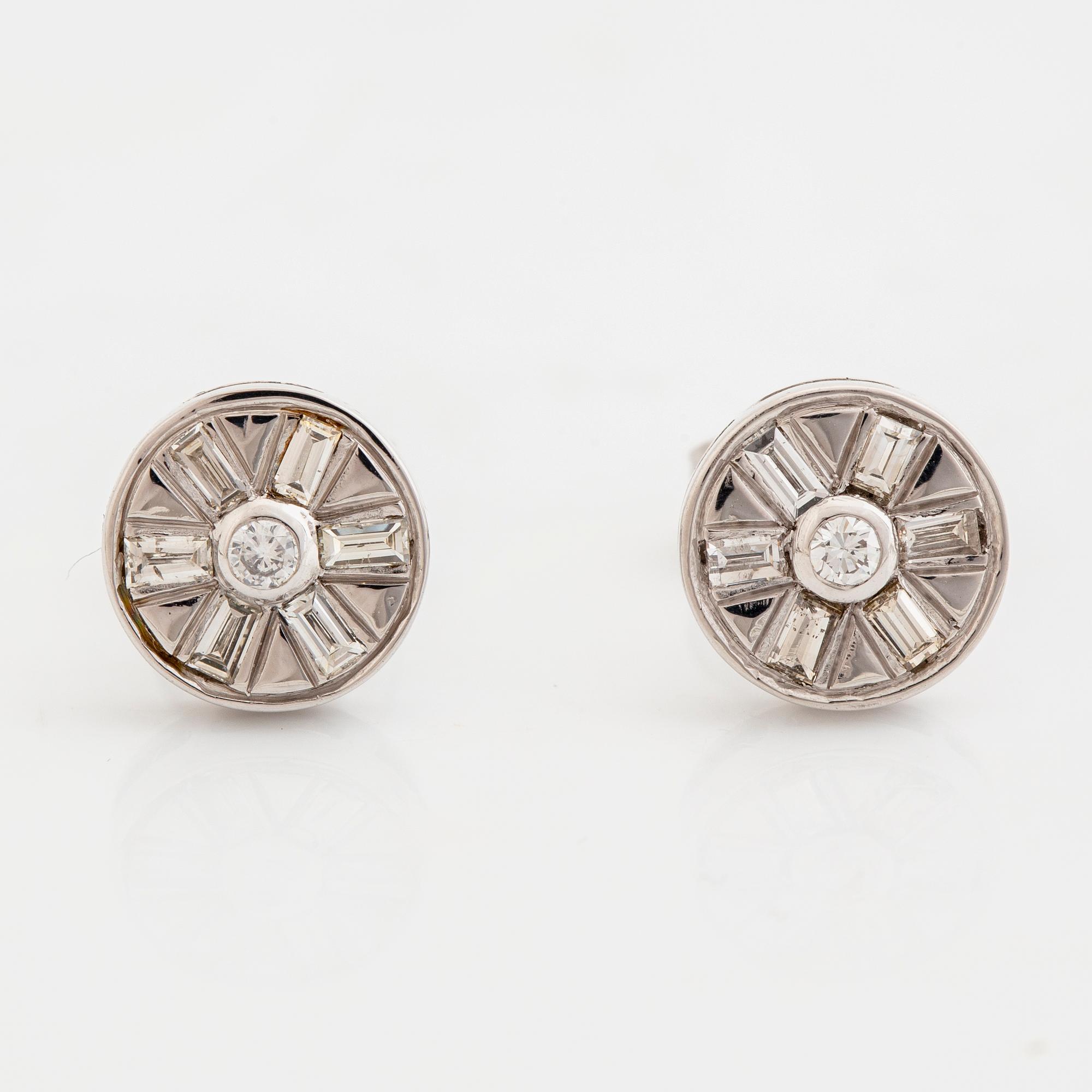 18K white gold, baguette and brilliant cut diamond earrings.