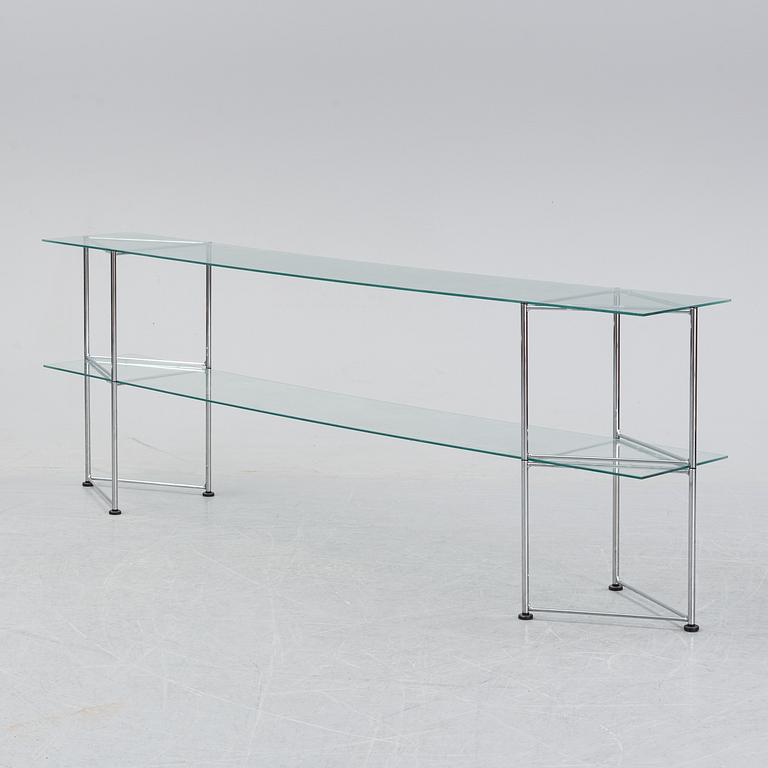 A late 20th century glass and metal shelf / sideboard.