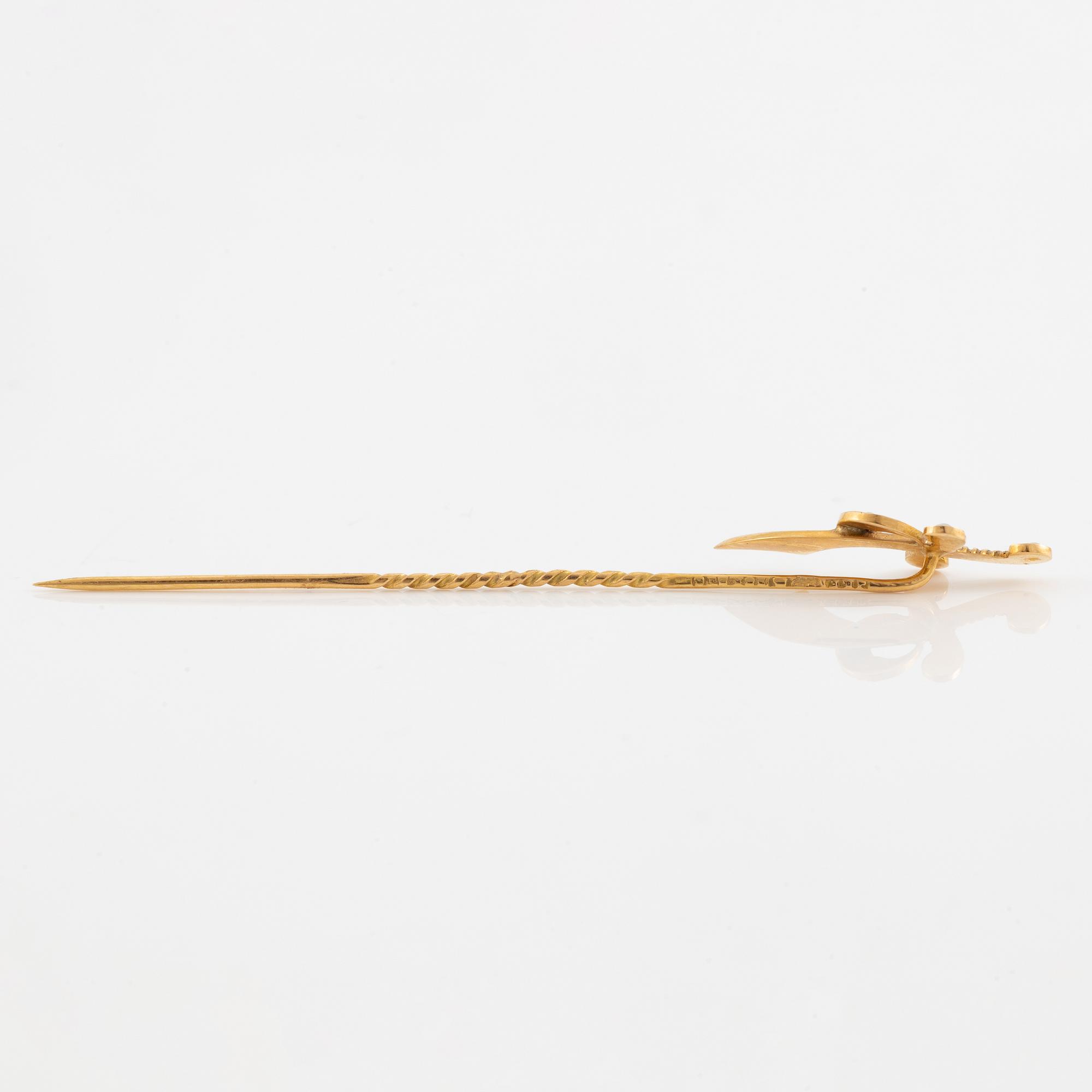 Tie pin/hat pin, in the form of a sword, 18K gold with seed pearls.