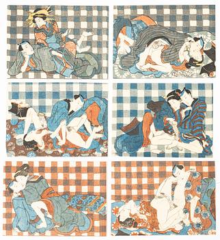 Träsnitt, sex stycken, Shunga-motiv, sen Edo-period, omkring 1850.