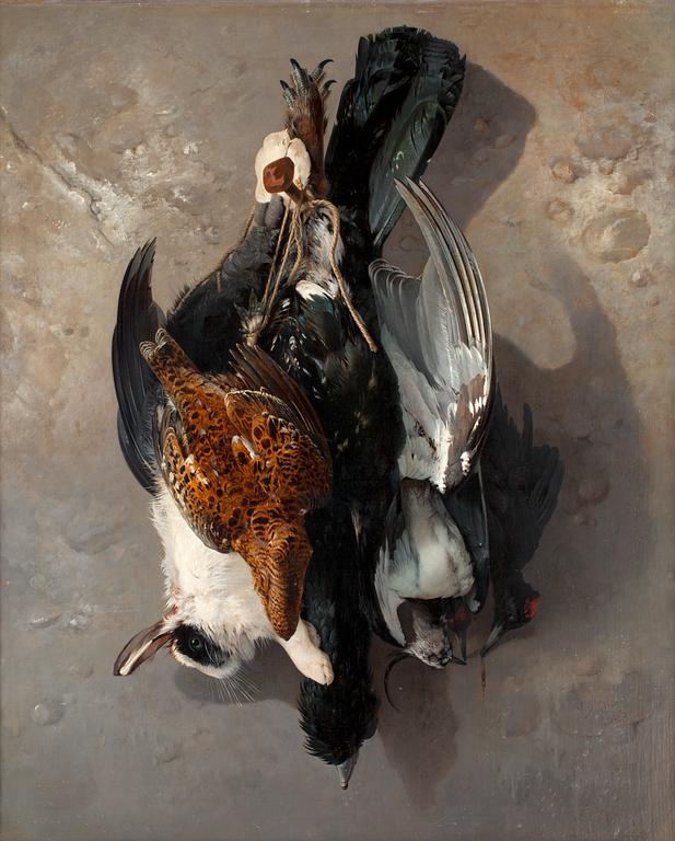 Henrik Theodor Lundh, Still life with birds and rabbit.