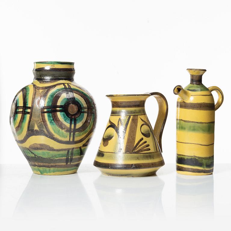 Allan Ebeling, two glazed ceramic ewers and a vase, Torshälla 1930s.