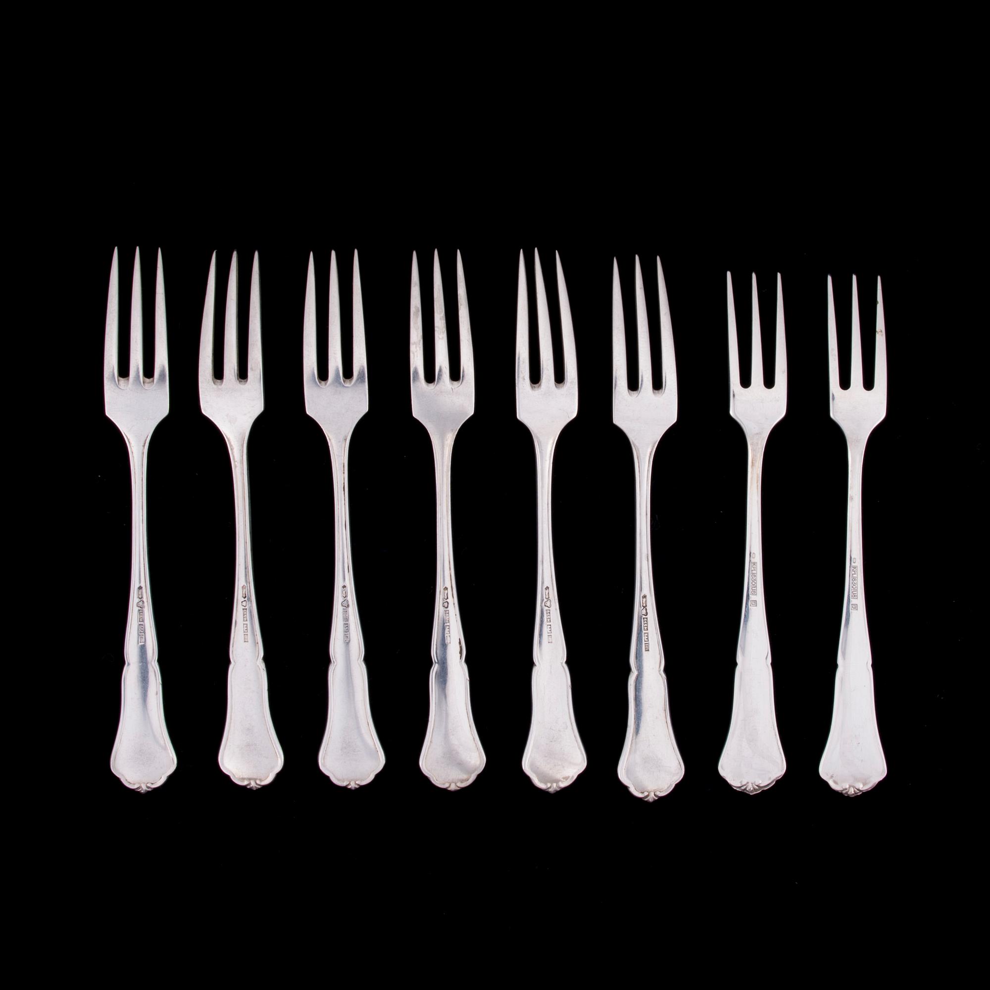 SILLGAFFLAR,  6+2 st, silver, "Chippendale", Kultakeskus, Tavastehus. 1939. Tot vikt ca 97 g.