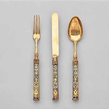 A 18 piece silver-gilt and blue glass dessert-cutlery   set, probably Germany 19th century.