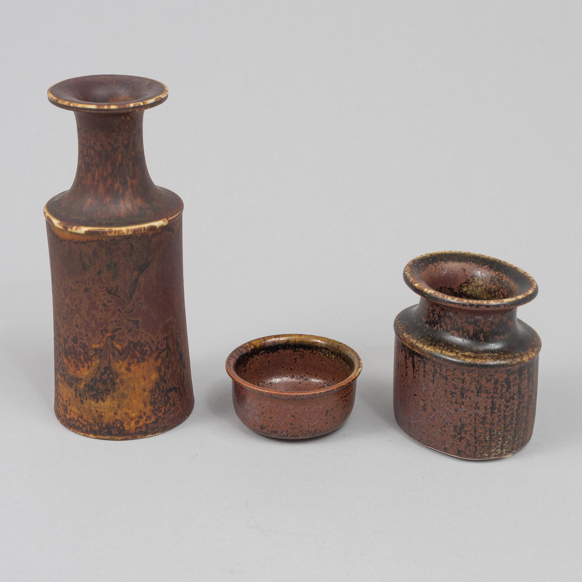 Stig Lindberg, two stoneware vases and a bowl, Gustavsbergs studio.
