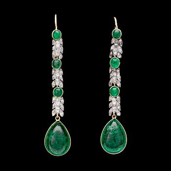 256. EARRINGS, cabochon cut emeralds and small diamonds, tot. app. 0.50 cts..