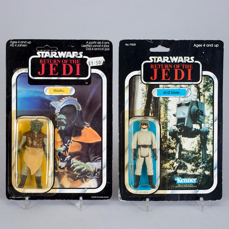 STAR WARS, 8 stycken actionfigurer i förpackning, Kenner och Palitoy, 1980-tal.