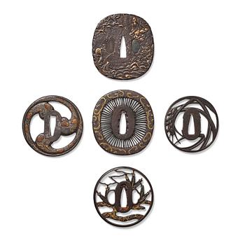 1363. A set of five Japanese Tsubas, Edo period (1666-1868). One signed.