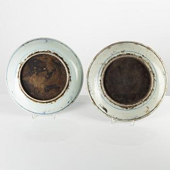 Two blue and white dishes, Qing dynasty.