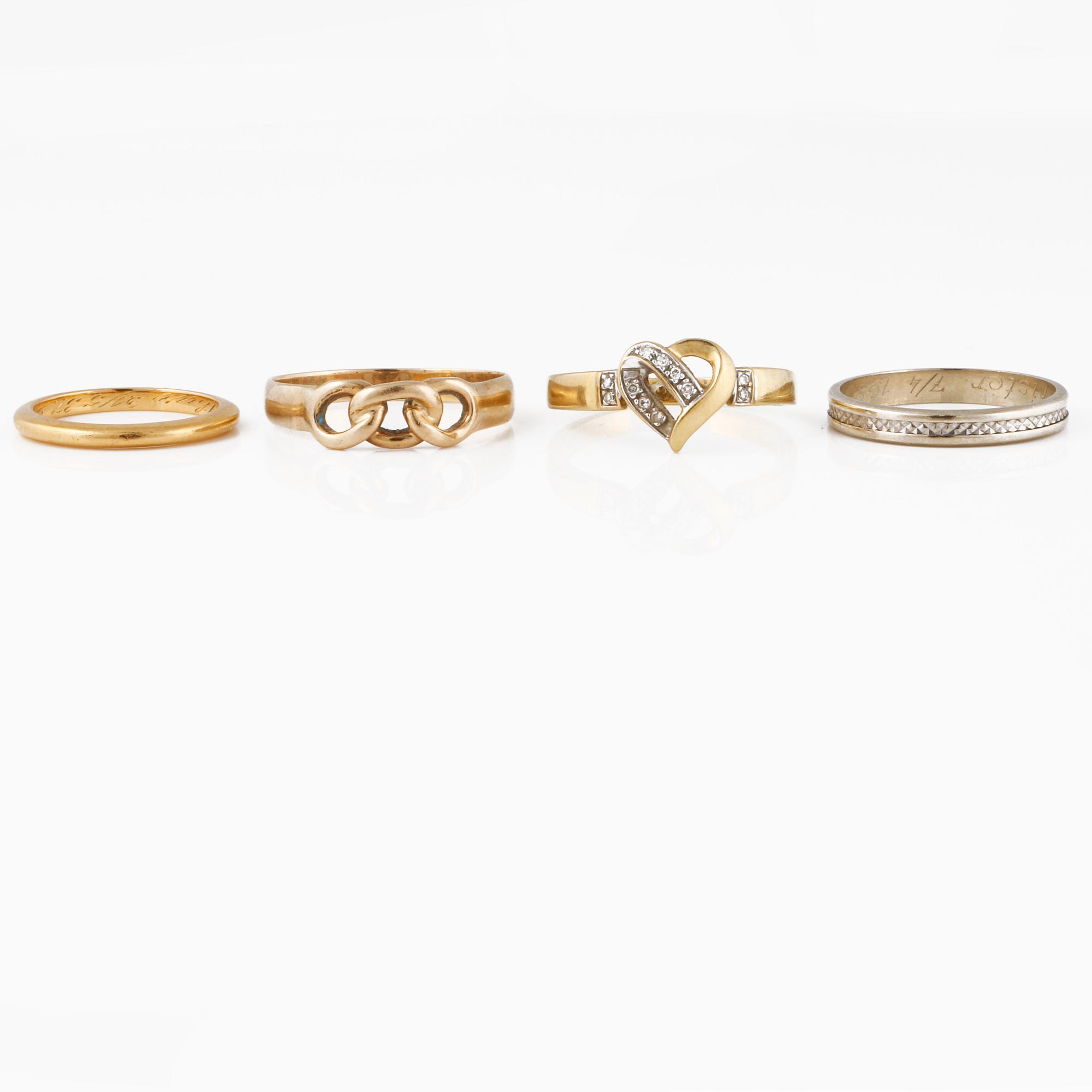 RINGAR, 4 st, 14K, 18K samt 20K guld samt åttkantsliapde diamanter. Vikt 11,3 gram.